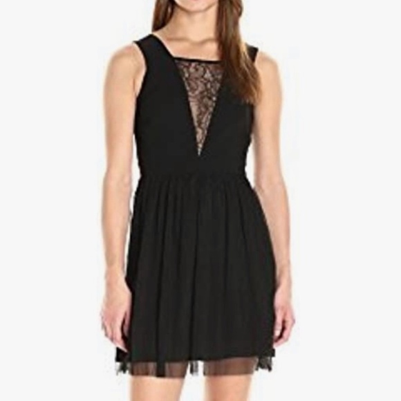 BCBGeneration Mini Dress Chiffon Skirt Lace Insert Front V Sleeveless Black - Picture 1 of 11